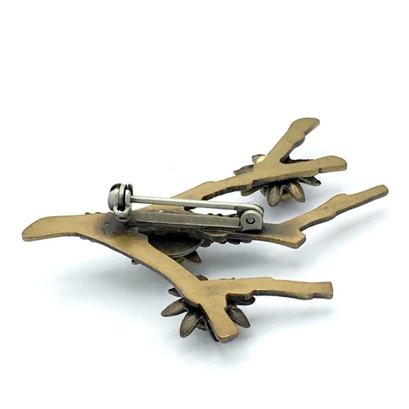 GARNET CABOCHON flower brooch - figural tree branch & leaves metal enamel pin - Picture 7 of 7